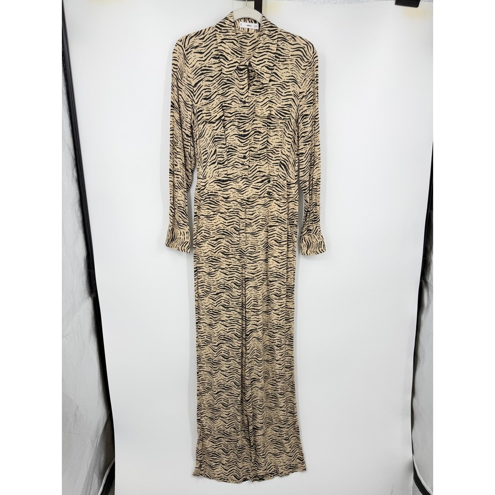 MNG Mango Zebra Print Jumpsuit Women Size M Tan Black Wide Leg Long Sleeve